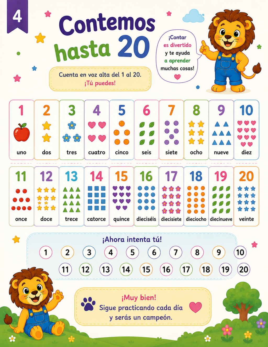 Pequeños Genios Vol. 2 – Libro de Actividades para Mentes Curiosas (4-7 años)

Descripción corta (para miniatura/resumen):
30 páginas de actividades imprimibles con Leo el Leoncito: números, trazos, sumas, letras, patrones, emociones y más. Ideal para imp
