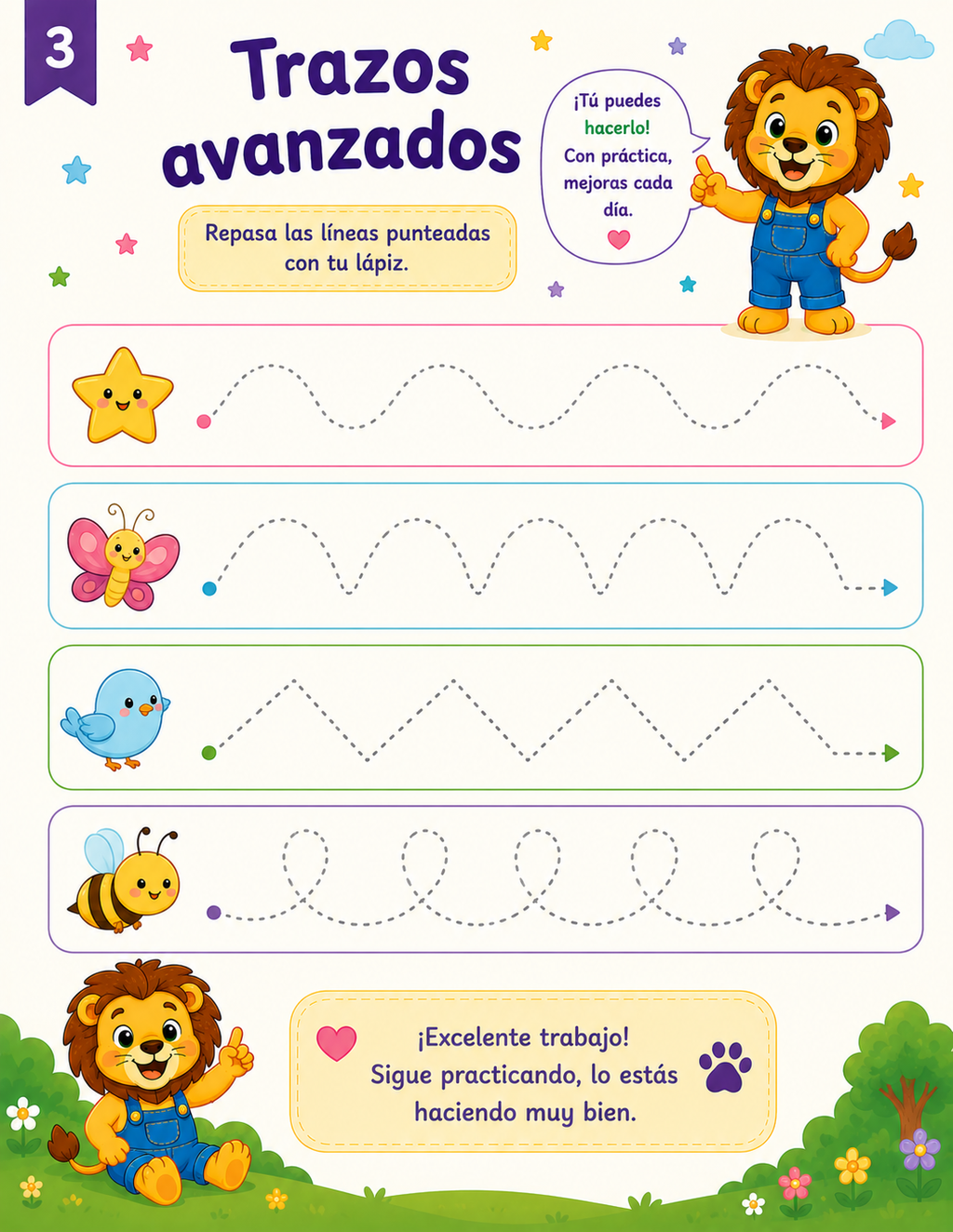 Pequeños Genios Vol. 2 – Libro de Actividades para Mentes Curiosas (4-7 años)

Descripción corta (para miniatura/resumen):
30 páginas de actividades imprimibles con Leo el Leoncito: números, trazos, sumas, letras, patrones, emociones y más. Ideal para imp