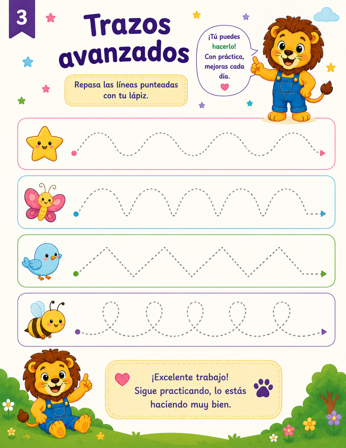 Pequeños Genios Vol. 2 – Libro de Actividades para Mentes Curiosas (4-7 años)

Descripción corta (para miniatura/resumen):
30 páginas de actividades imprimibles con Leo el Leoncito: números, trazos, sumas, letras, patrones, emociones y más. Ideal para imp