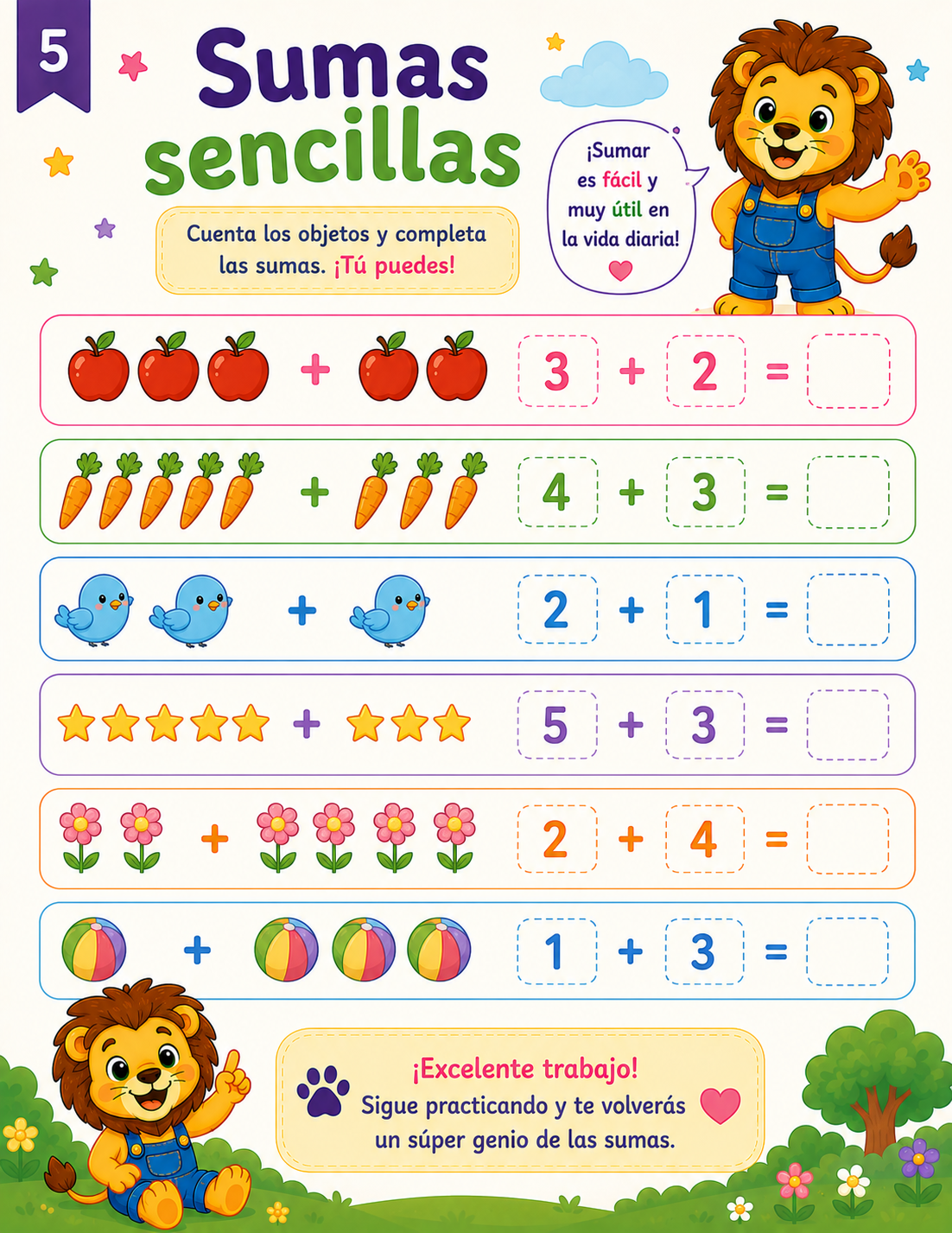 Pequeños Genios Vol. 2 – Libro de Actividades para Mentes Curiosas (4-7 años)

Descripción corta (para miniatura/resumen):
30 páginas de actividades imprimibles con Leo el Leoncito: números, trazos, sumas, letras, patrones, emociones y más. Ideal para imp