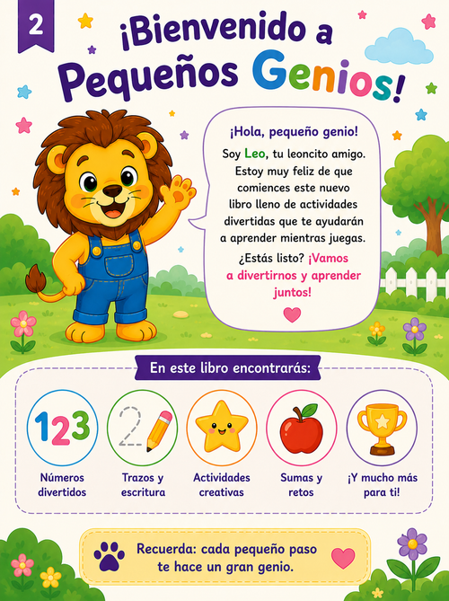 Pequeños Genios Vol. 2 – Libro de Actividades para Mentes Curiosas (4-7 años)

Descripción corta (para miniatura/resumen):
30 páginas de actividades imprimibles con Leo el Leoncito: números, trazos, sumas, letras, patrones, emociones y más. Ideal para imp
